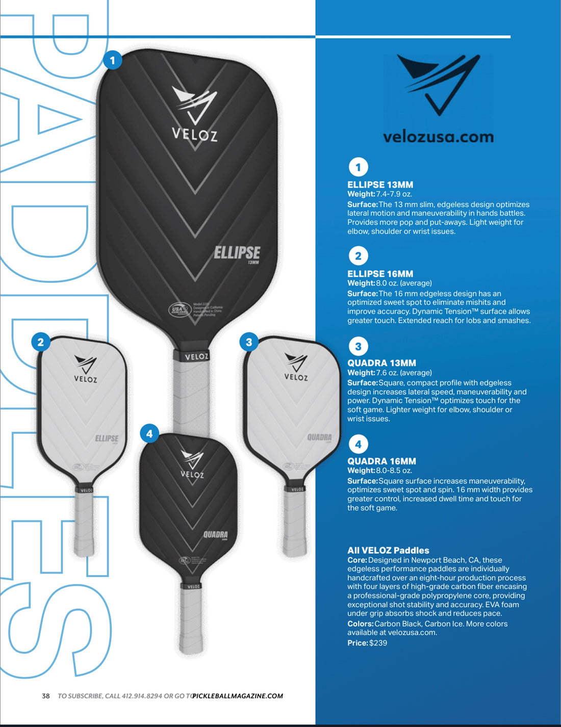 VELOZ featured in the latest 'Pickleball Magazine' Gear Guide